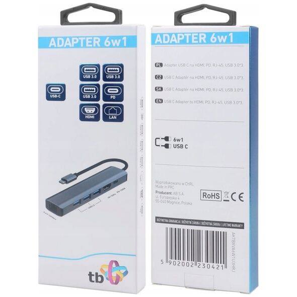 HUB USB TB Print Adapter HUB USB C 6w1 - HDMI, USBx3, PD, RJ-45