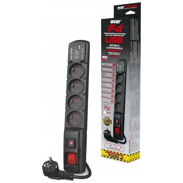 Listwa zasilająca Acar Listwa zasilajšca F4 USB A+C 5M 4X 230V PD3.0 QC Czarna