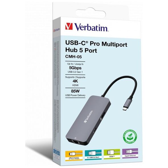 HUB USB Verbatim USB (3.2) hub 5-port, 32150, szara, długość przewodu 15cm, Verbatim, 1x USB C, 2x USB A, 1x HDMI