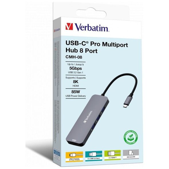 HUB USB Verbatim USB (3.2) hub 8-port, 32151, szara, długość przewodu 15cm, Verbatim, 1x USB C, 3x USB A, 2x HDMI, 1x SD 3.0