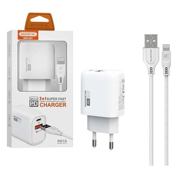 Ładowarka M ŁADOWARKA SIECIOWA 3A 18W + KABEL IPHONE BIAŁA SOMOSTEL POWER DELIVERY SMS-Q01 PD+USB