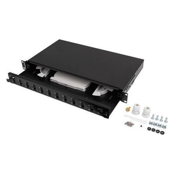 Konwerter światłowodowy Lanberg Przełącznica światłowodowa Lanberg 12xSC Duplex / 12xLC Quad Rack 19" 1U Czarna + akcesoria
