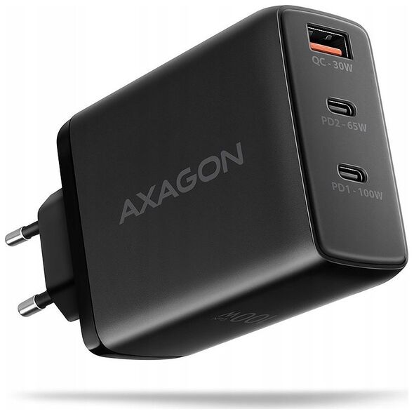 Ładowarka Axagon ACU-DPQ100 Ładowarka sieciowa, GaN 100W, 3x port (USB-A + dual USB-C) PD3.0/QC4+/PPS/Apple, czarna