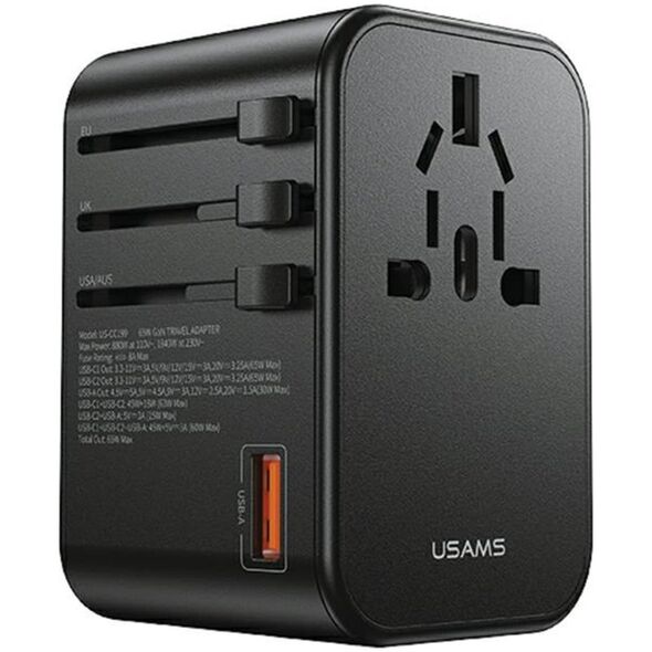 Ładowarka Usams USAMS Adapter siec 1xUSB+2xUSB-C T62 65W 4w1 US/AU/EU/UK czarny/black CC199TC01 (US-CC199) Univesal Travel Charger
