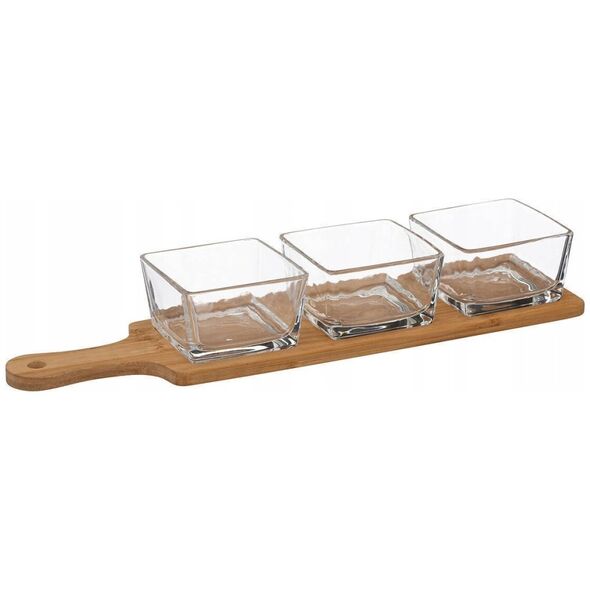 Secret de Gourmet Miseczki na przekąski, kwadratowe, szklane, na tacy bambusowe, 4 sztuki