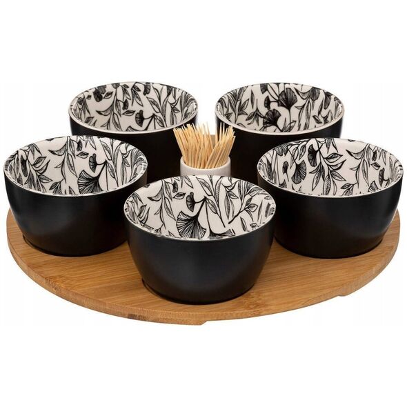 Secret de Gourmet Miseczki na przekąski FLORAL, na drewnianej tacy, 5 miseczek, 70 ml