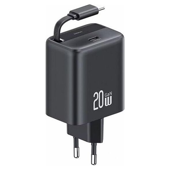 Ładowarka Usams USAMS Ład. siec. 1xUSB-C ze zwijanym kablem USB-C Retractable PD+QC 20W Gan Fast Charging czarny/black YC Series CC233TC01 (US-CC233)