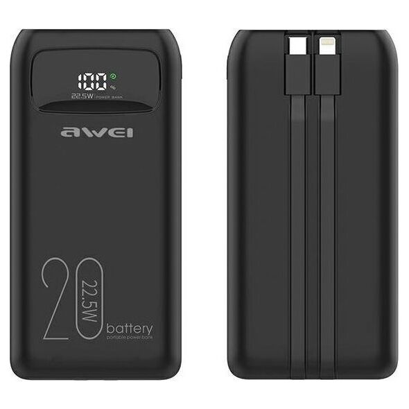 Powerbank Awei AWEI PowerBank P169K 20000mAh 22.5W czarny/black wyświetlacz + kable PD/Lightning