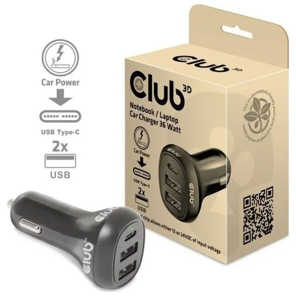 Ładowarka Club 3D Club3D Auto nabíječka pro Notebooky 36W, 3 porty (2xUSB-A + USB-C)