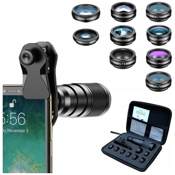 Apexel Zestaw 12w1 Obiektyw 22x Tele / Fisheye / Makro 15x / Wide 0.63x / Filtr Cpl Na Telefon Smartfon Apexel / Apl-22xdg9