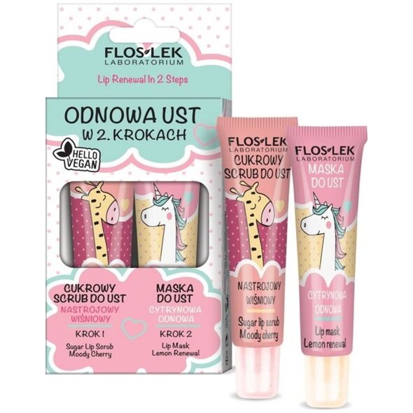 Floslek Floslek Lip Care Vege Zestaw Odnowa Ust (Scrub do ust Nastrojowy Wiśniowy 14g+Maska cytrynowa 14g)