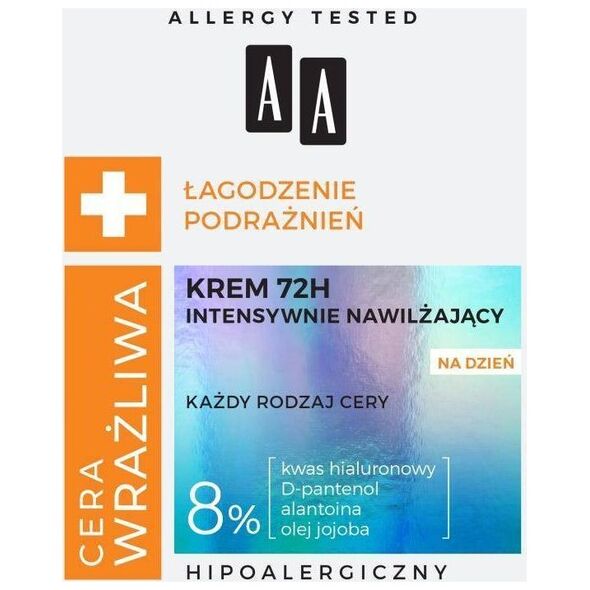 AA Cera Wrażliwa Łagodzenie Podrażnień 72H intensywnie nawilżający krem do każdego rodzaju cery na dzień 50ml
