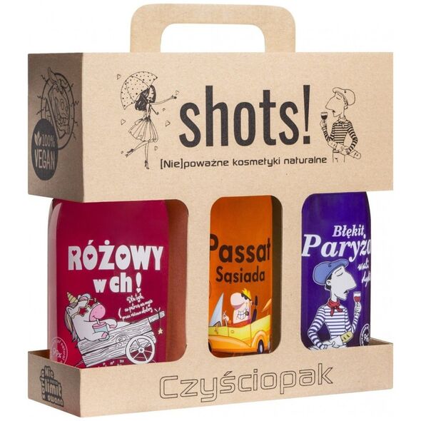 LAQ_SET Shots! Czyściopak żel pod prysznic Unisex Różowy w ch! 500ml + Passat Sąsiada 500ml + Błękit Paryża 500ml