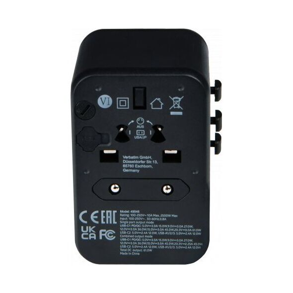 Verbatim 100-250 V Adapter podróżny, CEE7 (widelec) - gniazdo, czarny, Verbatim