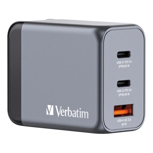 Verbatim Ładowarka GaN Verbatim, USB 3.0, USB C, szara, 65 W, wymienne końcówki C,G,A