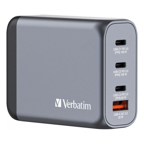 Verbatim Ładowarka GaN Verbatim, USB 3.0, USB C, szara, 100 W, wymienne końcówki C,G,A