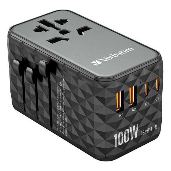 Verbatim Uniwersalny adapter podróżny World-to-World UTA-06 , 2x USB-C PD, QC 4+, 2x USB-A QC 3.0, czarny, 100 W