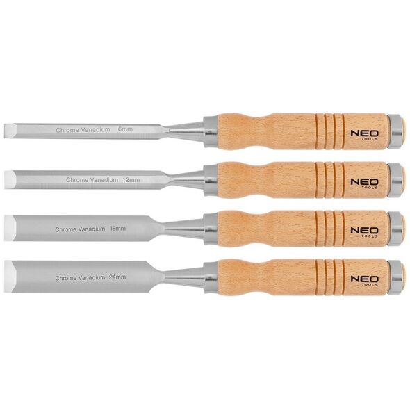 Neo Dłuta 6, 12, 18, 24 mm, zestaw 4 szt. Uchwyt drewniany