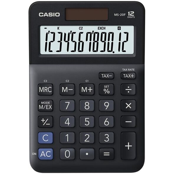 Kalkulator Casio Casio Kalkulator MS 20 F, czarna, biurkowy z obliczaniem VAT, 12 miejsc
