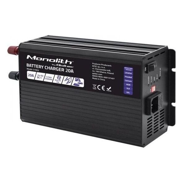 Qoltec Ładowarka inteligentna Qoltec Monolith do akumulatorów LiFePO4 AGM GEL SLA | 20A | 24V