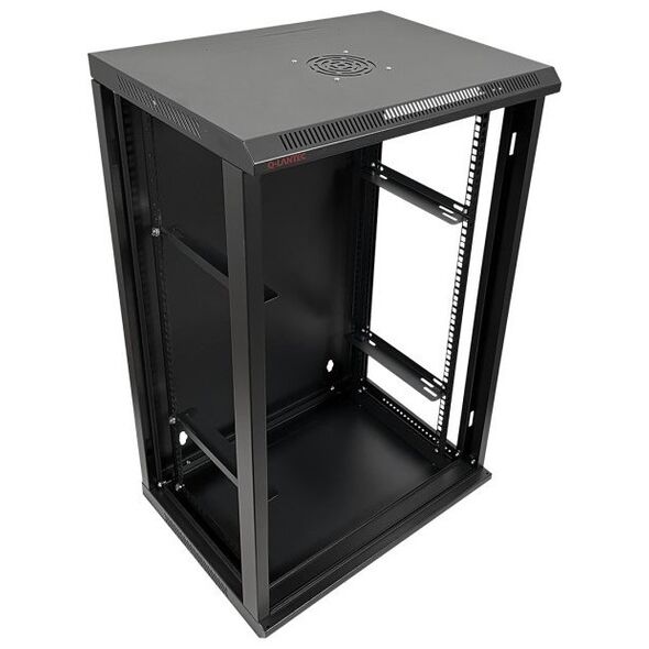 Szafa Q-Lantec Szafka rack wisząca 19" 18U 600x450, niedzielona, drzwi szklane jednoskrzydłowe, tył osłona pełna, osłony boczne zamykane na klucz, kolor czarny FLAT PACK, Q-LANTEC