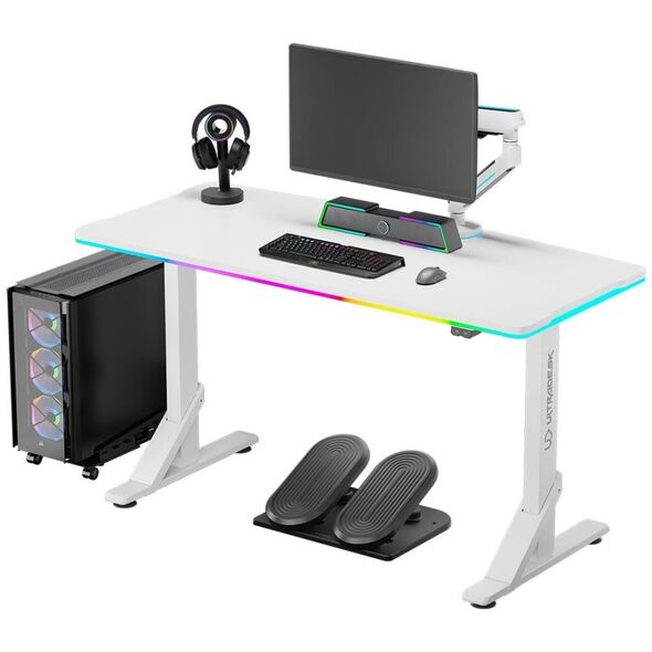 Ultradesk ULTRADESK Biurko dla gracza IRON WHITE, 132,5x60,5 cm, 71-81  cm, mechaniczna regulacja wysokości