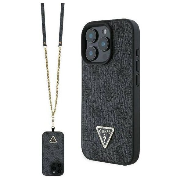 Original Case IPHONE 16 PRO Guess Hardcase Leather Metal Logo Strass Crossbody + Smycz (GUHCP16LP4TDSCPK) black 3666339328627