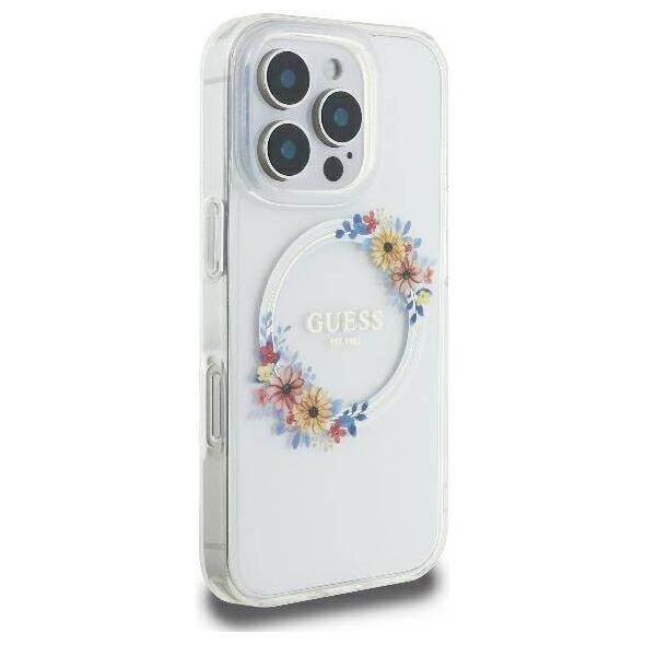 Original Case IPHONE 16 Guess Hardcase IML Flowers Wreath MagSafe (GUHMP16SHFWFCT) transparent 3666339311421