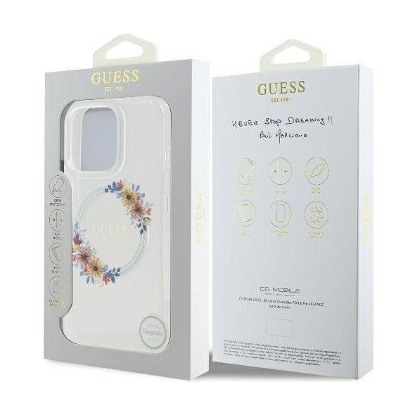 Original Case IPHONE 16 PRO MAX Guess Hardcase IML Flowers Wreath MagSafe (GUHMP16XHFWFCT) transparent 3666339311452