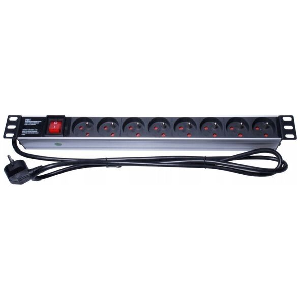 Kabel zasilający PremiumCord PremiumCord Panel napájecí 1U do 19" racku, 8x230V, přepěťová ochrana, 2m kabel, vypínač