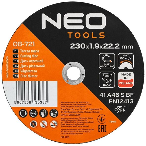 Neo Tarcze tnące do metalu/INOX 230 x 1.9 x 22,2mm, 41 A46-S-BF, 25 szt. kartonik. Wyprodukowano w PL