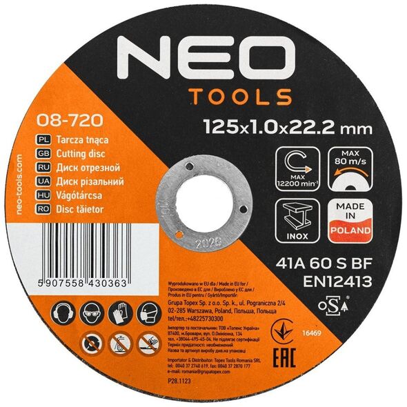 Neo Tarcze tnące do metalu/INOX 125 x 1.0 x 22,2mm, 41 A60-S-BF, 25 szt. kartonik. Wyprodukowano w PL