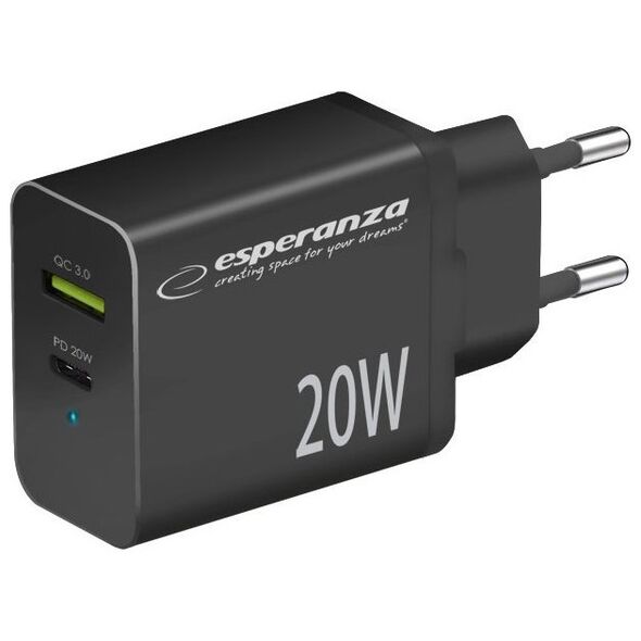 Ładowarka Esperanza EZC105K Esperanza ładowarka sieciowa 20w usb-c pd 20w / usb-a qc 3.0 18w czarna