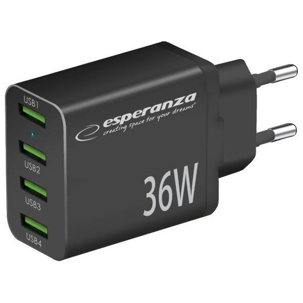 Ładowarka Esperanza EZC107K Esperanza ładowarka sieciowa 36w 4x usb-a qc 3.0 18w