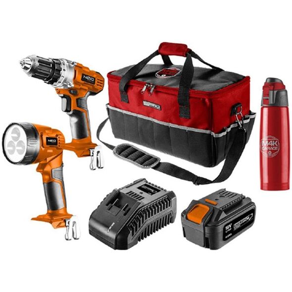 Zestaw elektronarzędzi Graphite Zestaw narzędzizasilanie akumulatorem, 04-600-M4K, wiertarka/latarka/bateria/ładowarka/termos/torba, 18V, 6 elementów, Neo Tools
