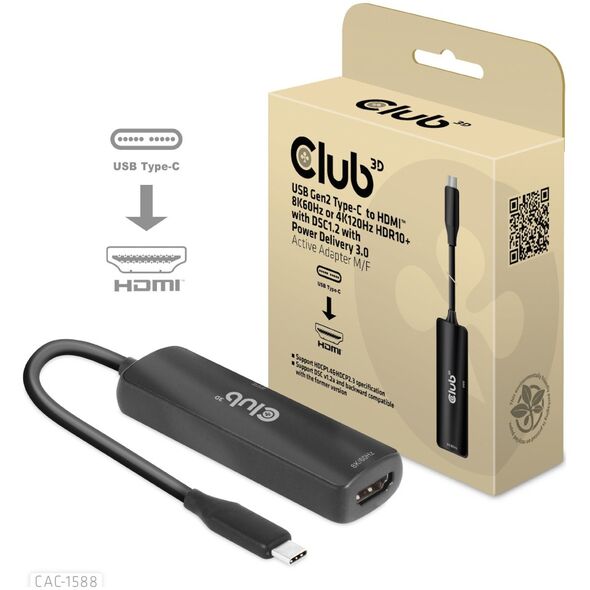 Club 3D Club3D Adaptér USB-C na HDMI 8K60Hz/4K120Hz, Active Adapter M/F, PD 3.0, HDR10+ a DSC 1.2