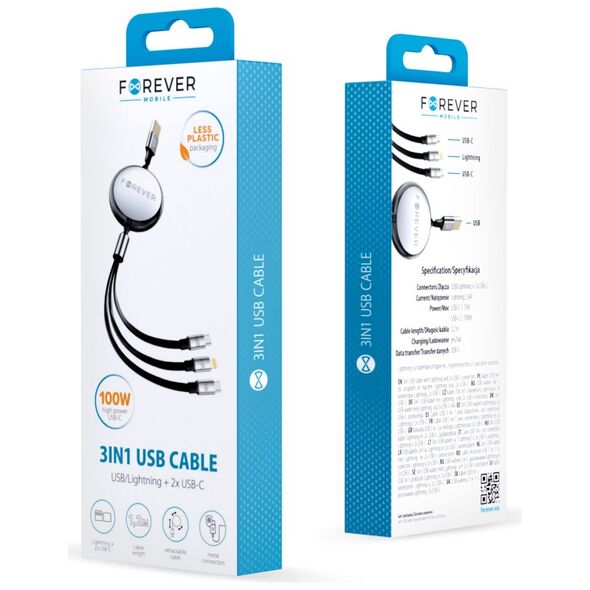 Forever 3in1 cable USB - Lightning + 2x USB-C 1,2 m 100W black 5907457787322