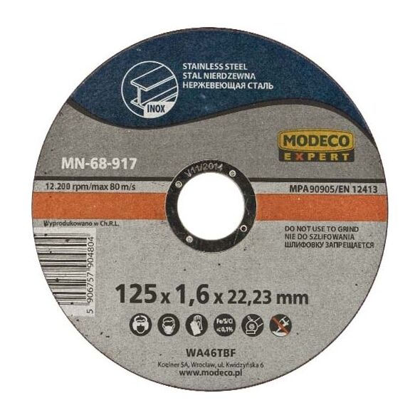 Modeco Ściernica płaska do cięcia stali nierdzewnej cienka 125x1,6x22,23mm 25szt. - MN-68-915