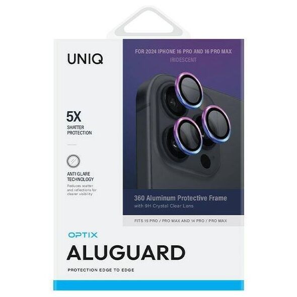 Tempered Glass for Camera IPHONE 16 PRO / 16 PRO MAX UNIQ Optix Aluminium Camera Lens Protector z Aplikatorem Iridescent 8886463690383