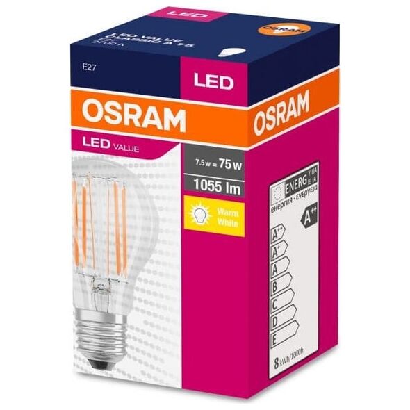 Ledvance OSRAM LED Filament VALUE ClasA 230V 8W 827 E27 noDIM A++ Sklo čiré 1055lm 2700K 10000h (krabička 1ks)