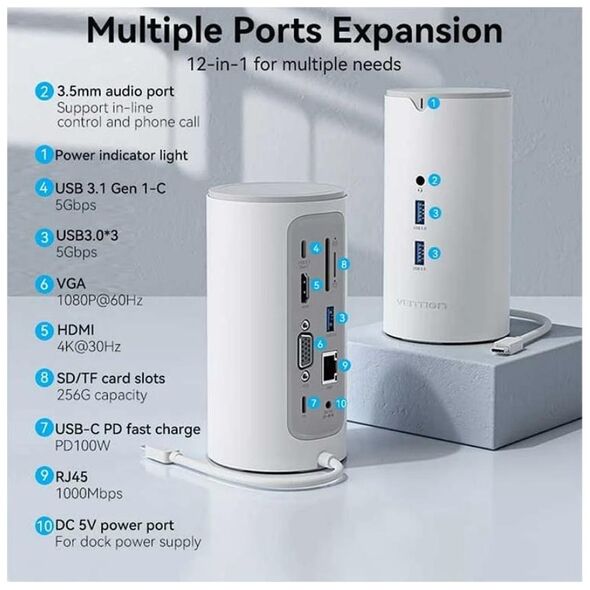 VENTION USB-C to HDMI/VGA/USB 3.1 Gen Docking Station 0.25M (TPHWC-EU) (VENTPHWC-EU) έως 12 άτοκες Δόσεις