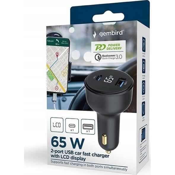 Ładowarka Gembird GEMBIRD Szybka ładowarka samochodowa 2x USB Type-C PD LCD 65 W czarna