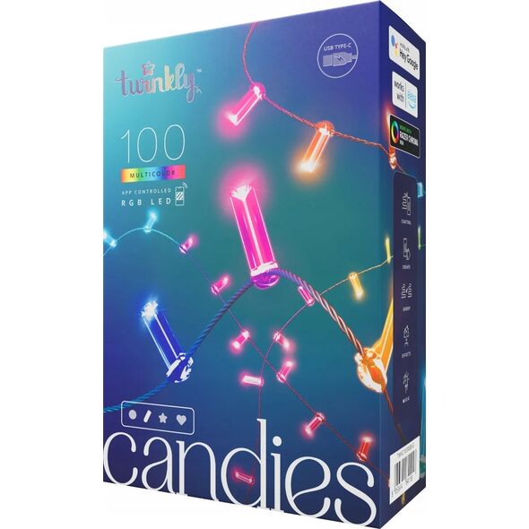 Lampki choinkowe Twinkly Twinkly Candies – 100 Lampki w kształcie świeczki RGB LEDs, zielony przewód, USB-C