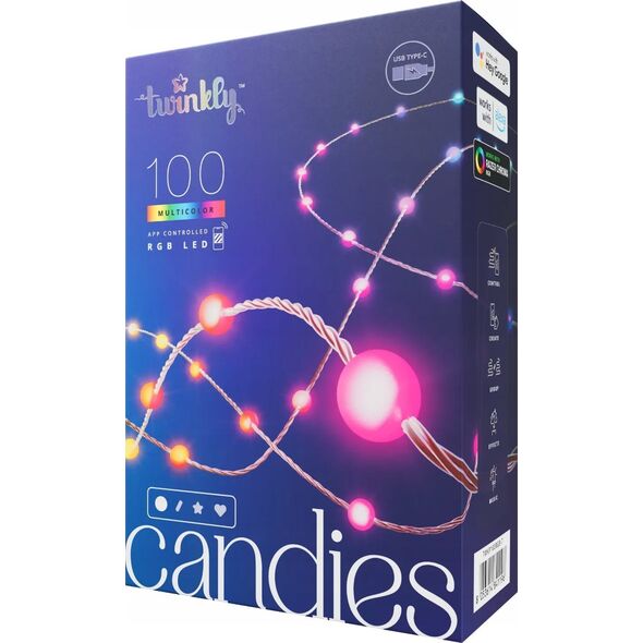 Lampki choinkowe Twinkly Twinkly Candies – 100 Lampki w kształcie pereł RGB LEDs, przezroczysty przewód, USB-C