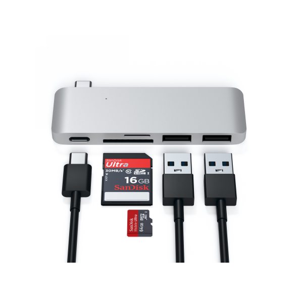 Satechi Type-C USB Pass-through hub for mobile devices USB-C 60W, 2x USB-A, micro/SD card reader silver STH83 879961005610