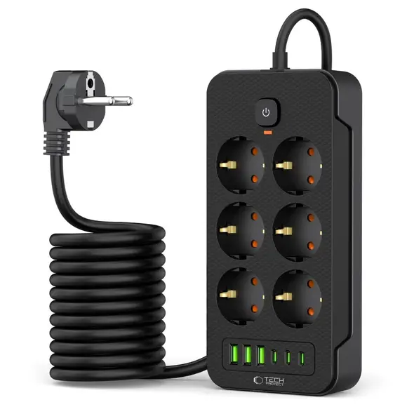 Tech-Protect PC6X6 Power Strip 3xUSB-A, 3xUSB-C, 6xAC 200cm Black THP3155 5906302310586