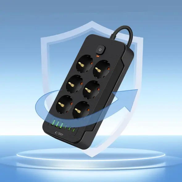 Tech-Protect PC6X6 Power Strip 3xUSB-A, 3xUSB-C, 6xAC 200cm Black THP3155 5906302310586