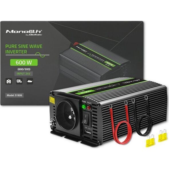 Przetwornica Qoltec Przetwornica napięcia Monolith | 300W | 600W | 24V na 230V | Czysty Sinus