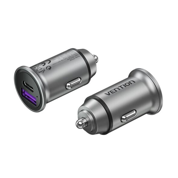 VENTION 2-Port USB (A+C) Car Charger (30W/30W) Gray Mini Style Aluminium Alloy Type (FFFH0) (VENFFFH0) έως 12 άτοκες Δόσεις