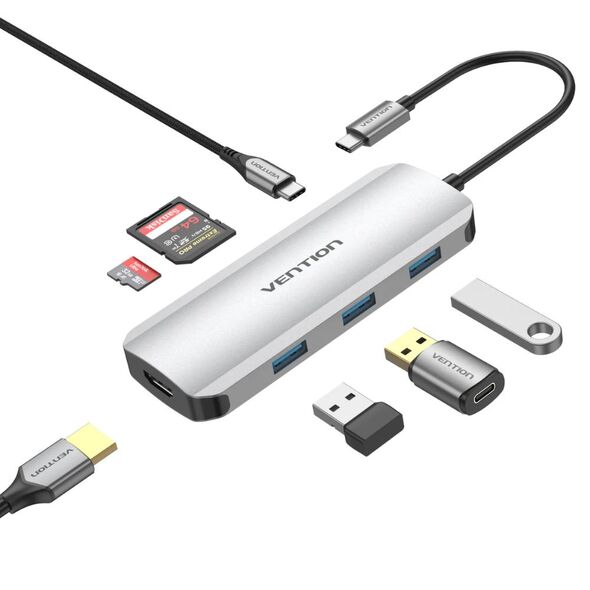 VENTION Type-C to HDMI/USB 3.0*3/SD/TF/PD 100W Docking Station 0.15M Gray Aluminum Alloy Type (TOJHB) (VENTOJHB) έως 12 άτοκες Δόσεις